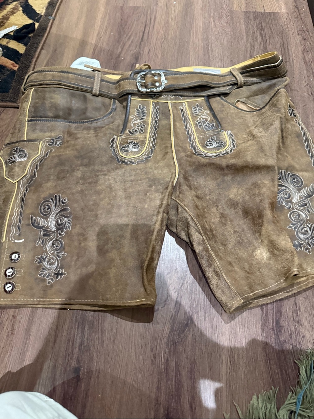 Men's Brown Suede Embroidered Lederhosen-Style Shorts
